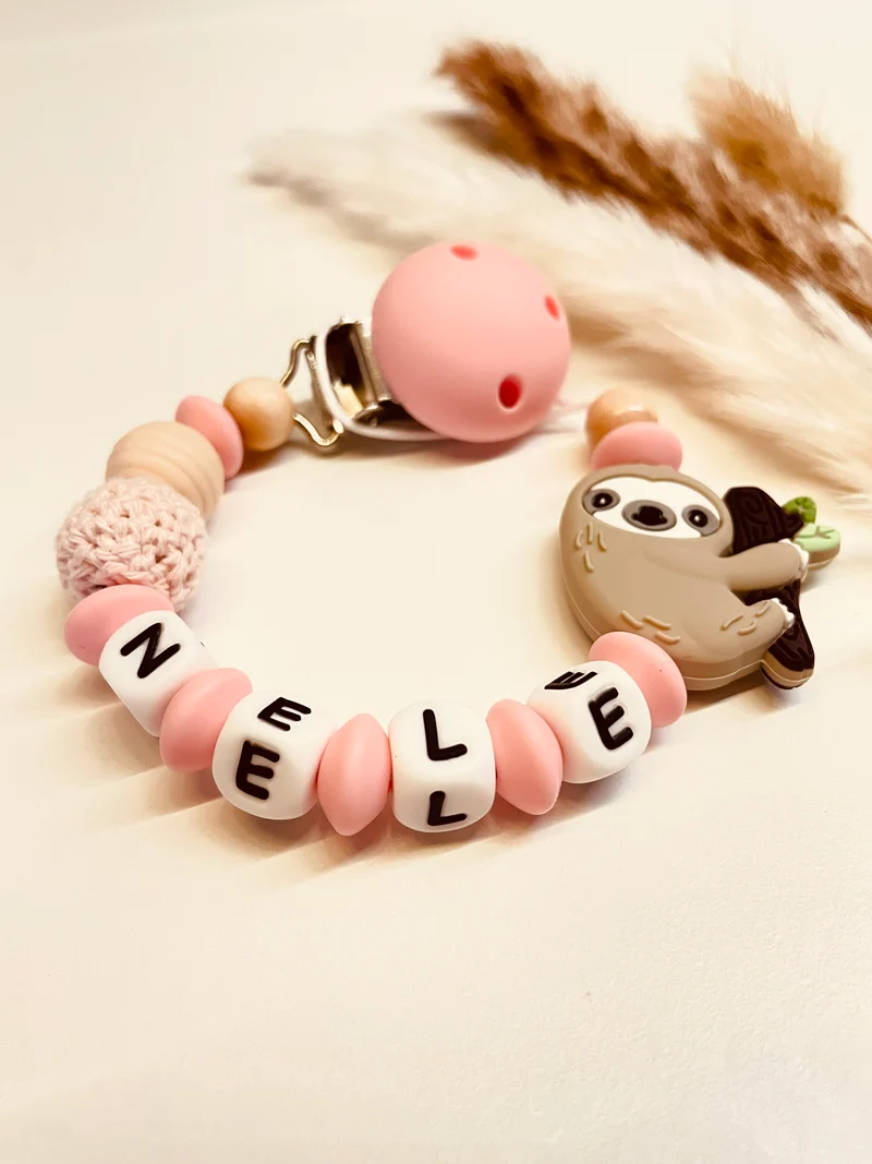Schnullerkette mit Faultier rosa natur