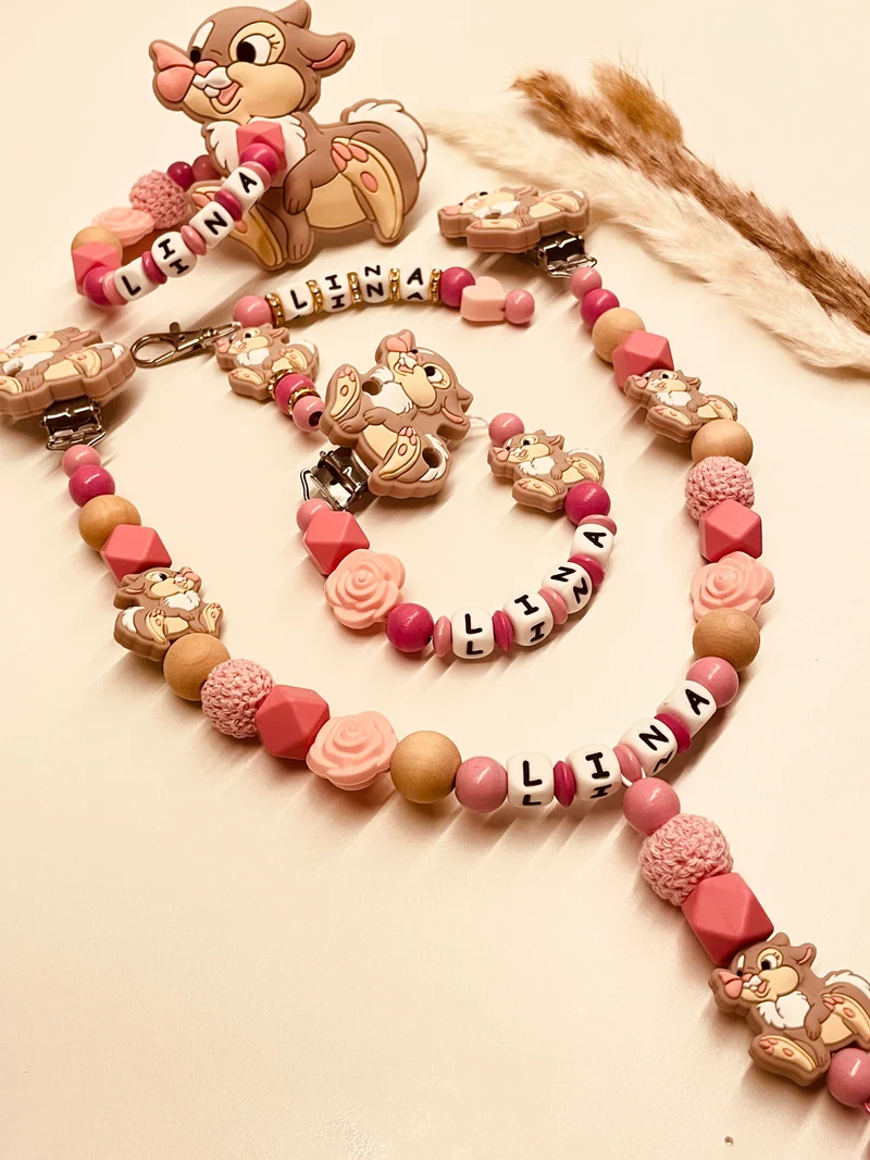 Schnullerkette, Kinderwagenkette, Greifring personalisiert Hase pink mit Rosen