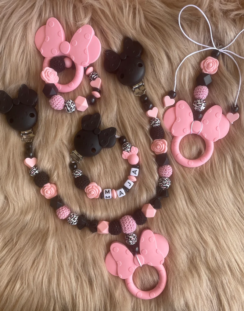 Schnullerkette, Kinderwagenkette, Greifring Babyschalenanhänger personalisiert Maus leo rosa schwarz