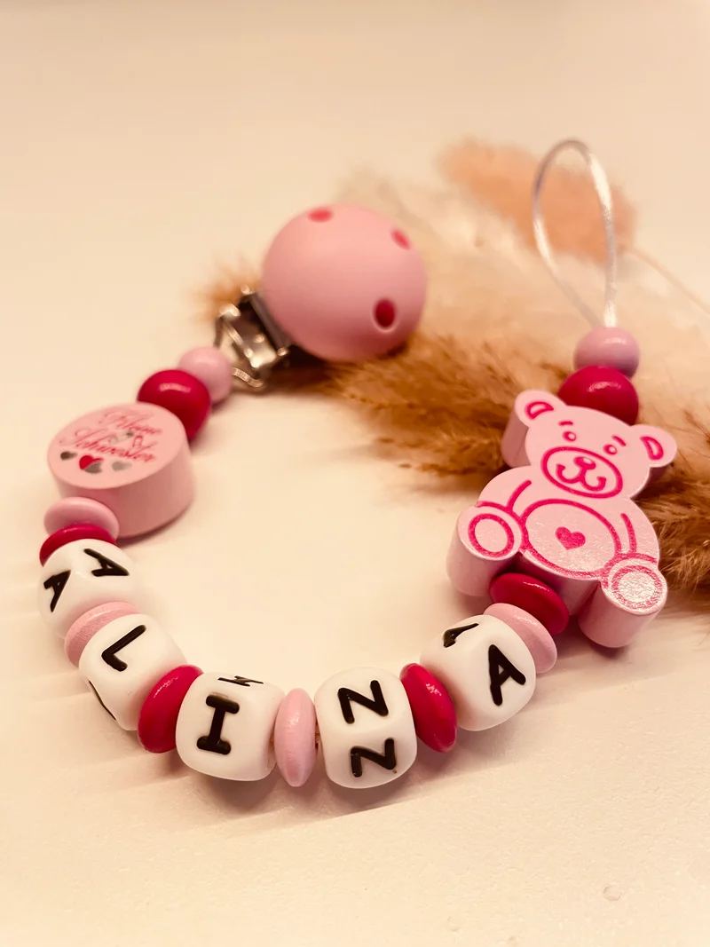 Schnullerkette kleine Schwester mit Bär rosa pink