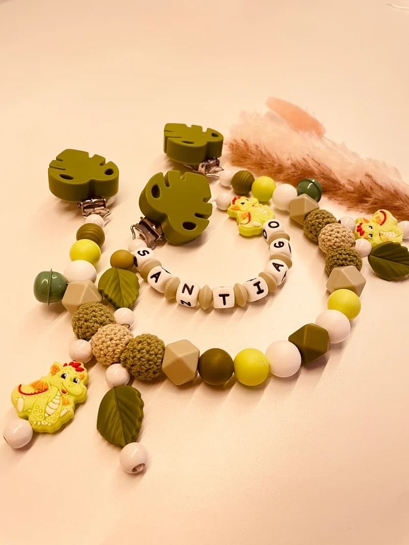Schnullerkette Kinderwagenkette personalisiert Drache grün