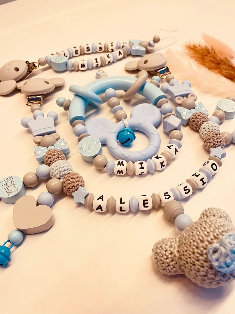 Schnullerkette, Kinderwagenkette, Greifring Maus blau grau