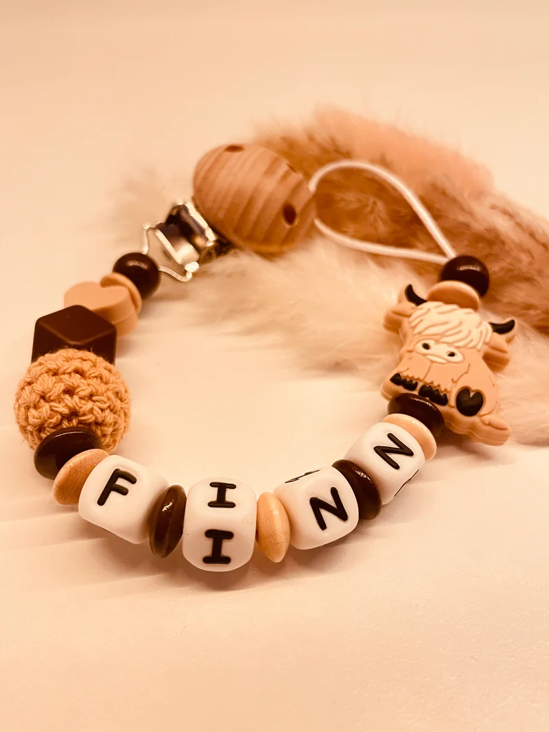 Schnullerkette Highlandcow braun beige