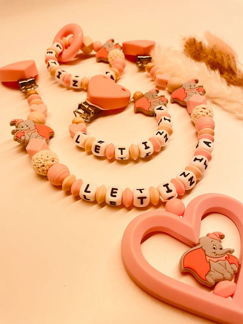 Schnullerkette, Kinderwagenkette, Greifring Elefant rosa beige