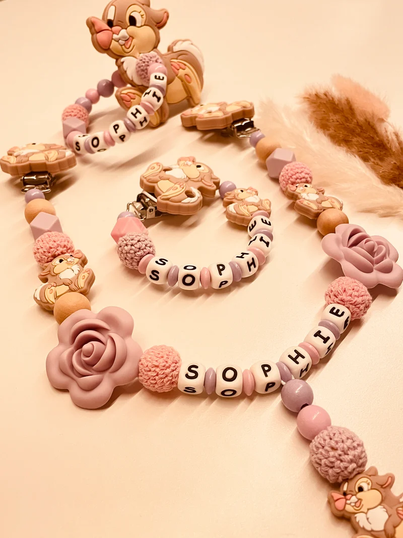Schnullerkette, Kinderwagenkette, Greifring personalisiert Hase flieder rosa