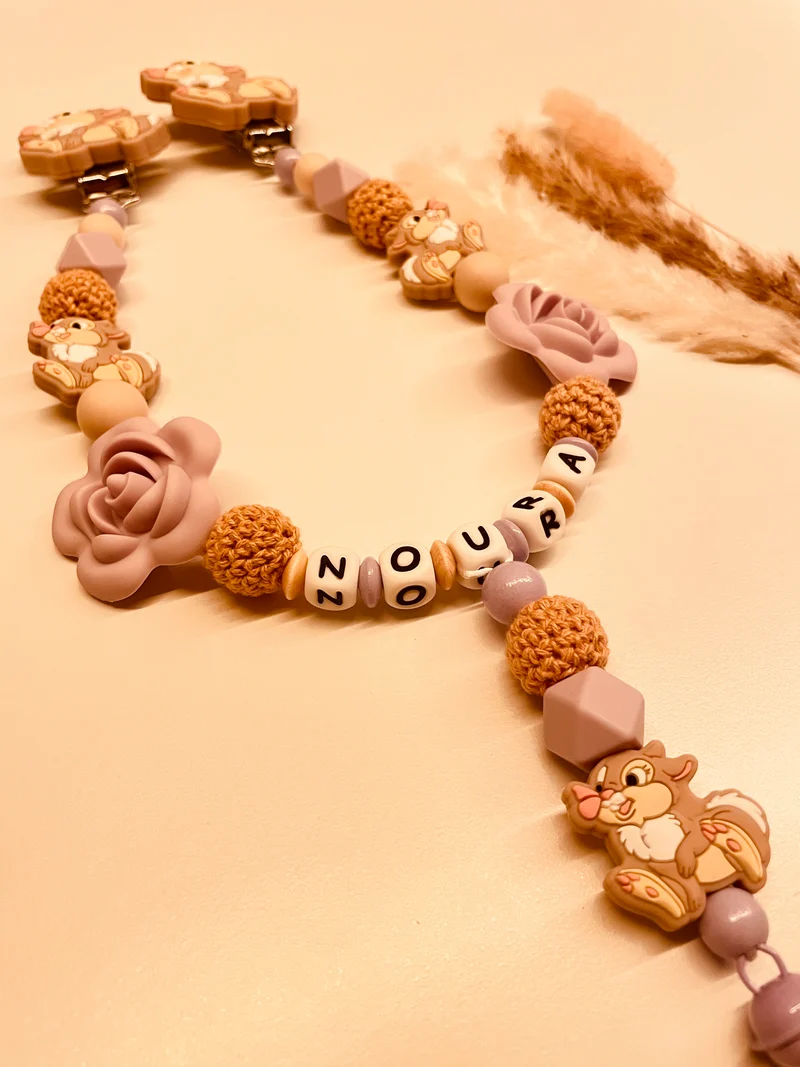 Schnullerkette, Kinderwagenkette, Greifring personalisiert Hase flieder beige