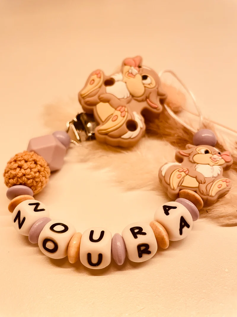 Schnullerkette, Kinderwagenkette, Greifring personalisiert Hase flieder beige