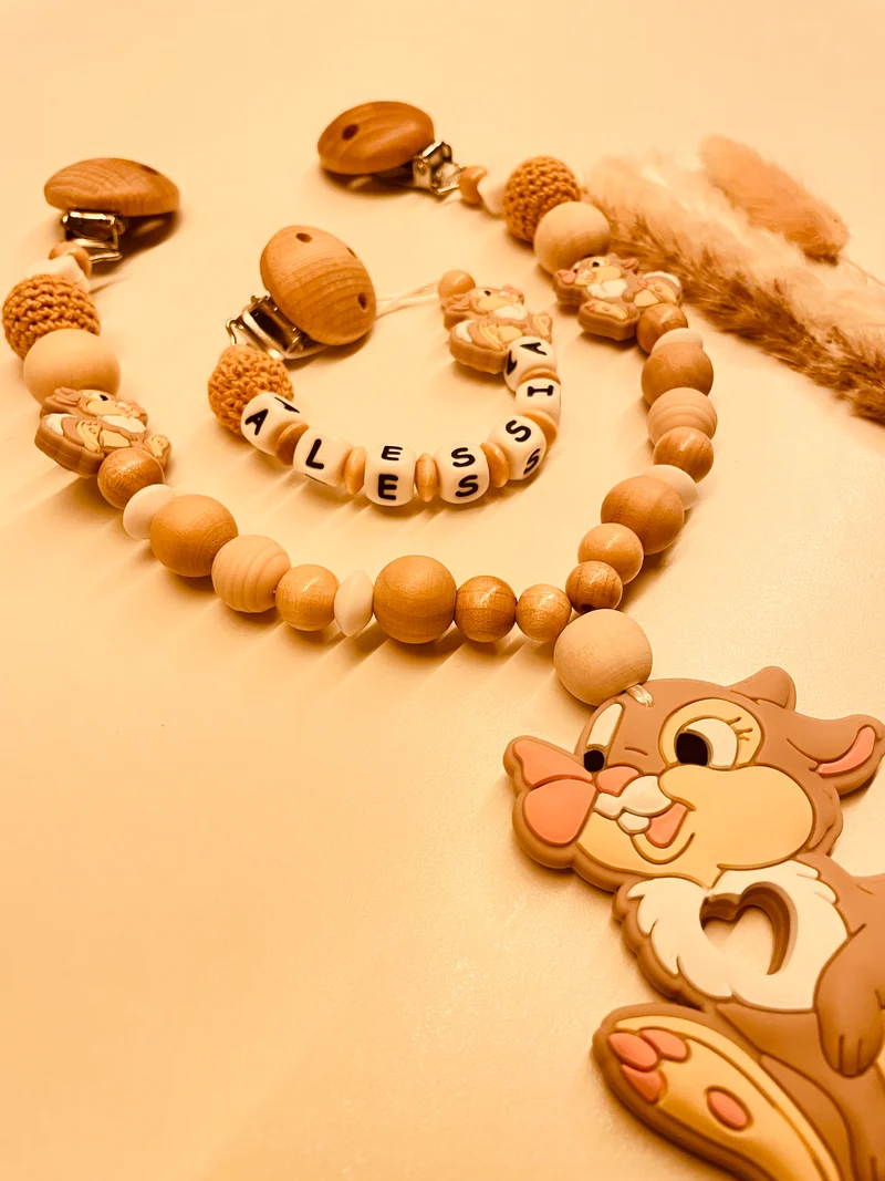 Schnullerkette, Kinderwagenkette personalisiert Hase natur beige