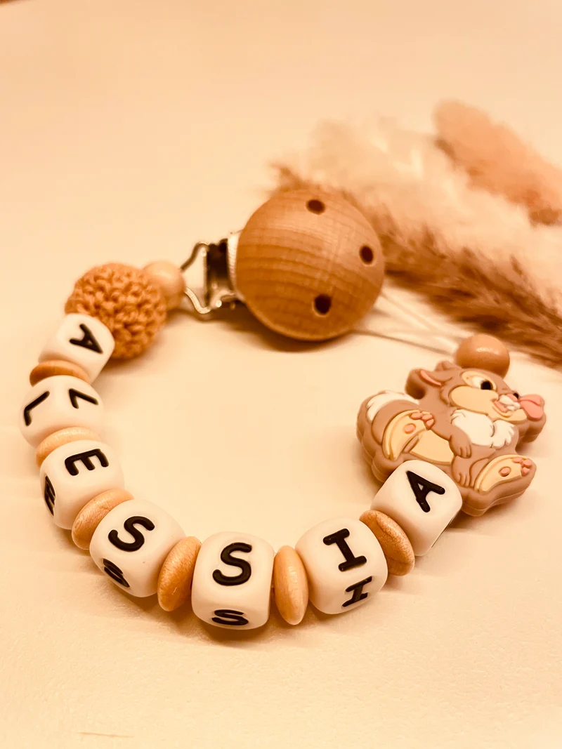 Schnullerkette, Kinderwagenkette personalisiert Hase natur beige
