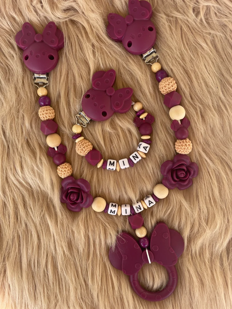 Schnullerkette, Kinderwagenkette Maus weinrot beige