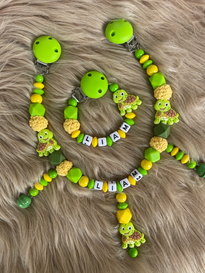 Schnullerkette, Kinderwagenkette Schildkröte personalisiert grün gelb
