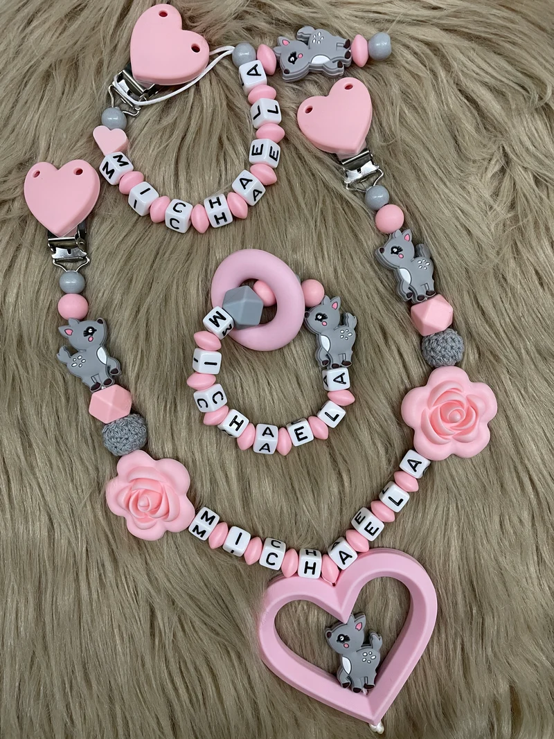 Schnullerkette, Kinderwagenkette, Greifring personalisiert Reh rosa grau