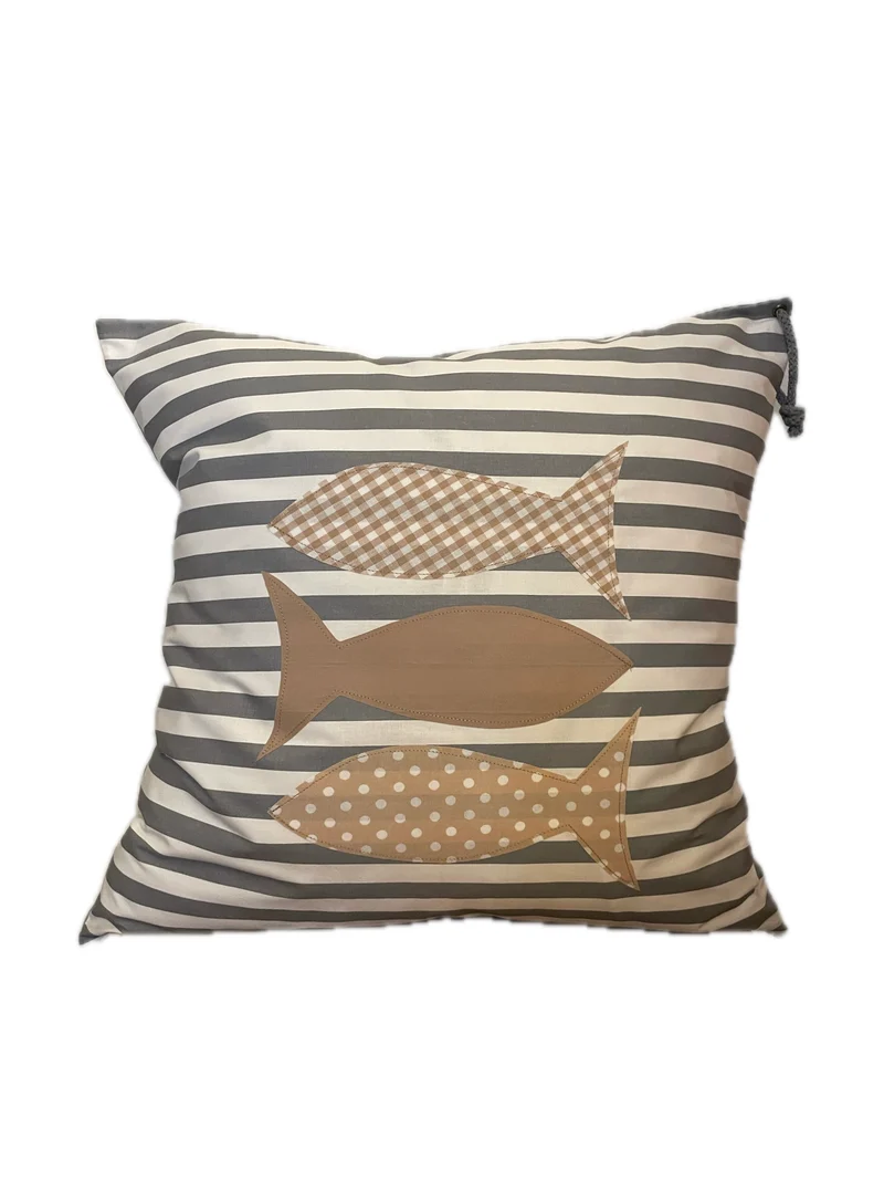 Maritime Kissenhülle, Landhausstil Kissenbezug *Fische* grau/weiß gestreift