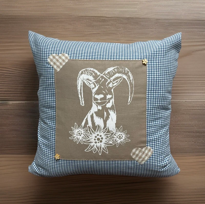 Landhausstil Kissenhülle, Kissenbezug, blau /beige kariertes Dekokissen * Jäger Mufflon *