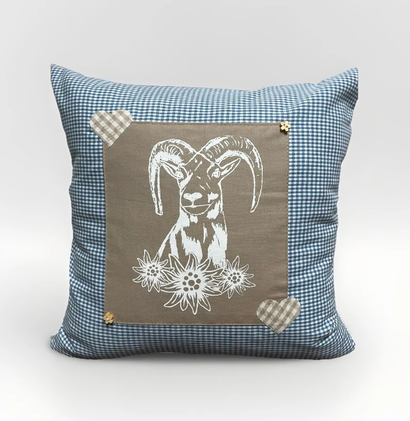 Landhausstil Kissenhülle, Kissenbezug, blau /beige kariertes Dekokissen * Jäger Mufflon *