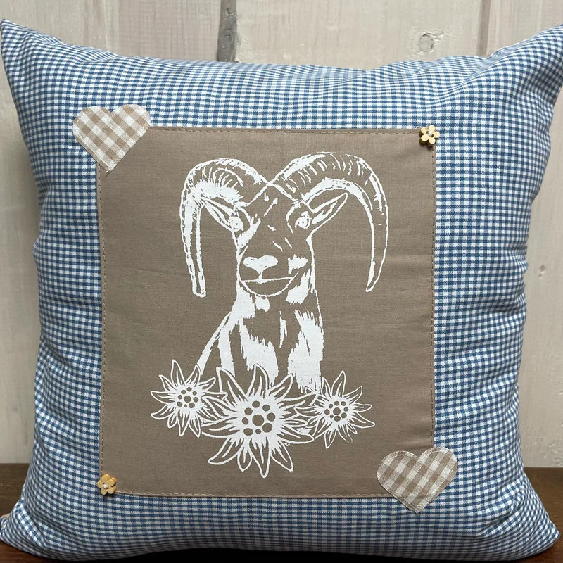 Landhausstil Kissenhülle, Kissenbezug, blau /beige kariertes Dekokissen * Jäger Mufflon *