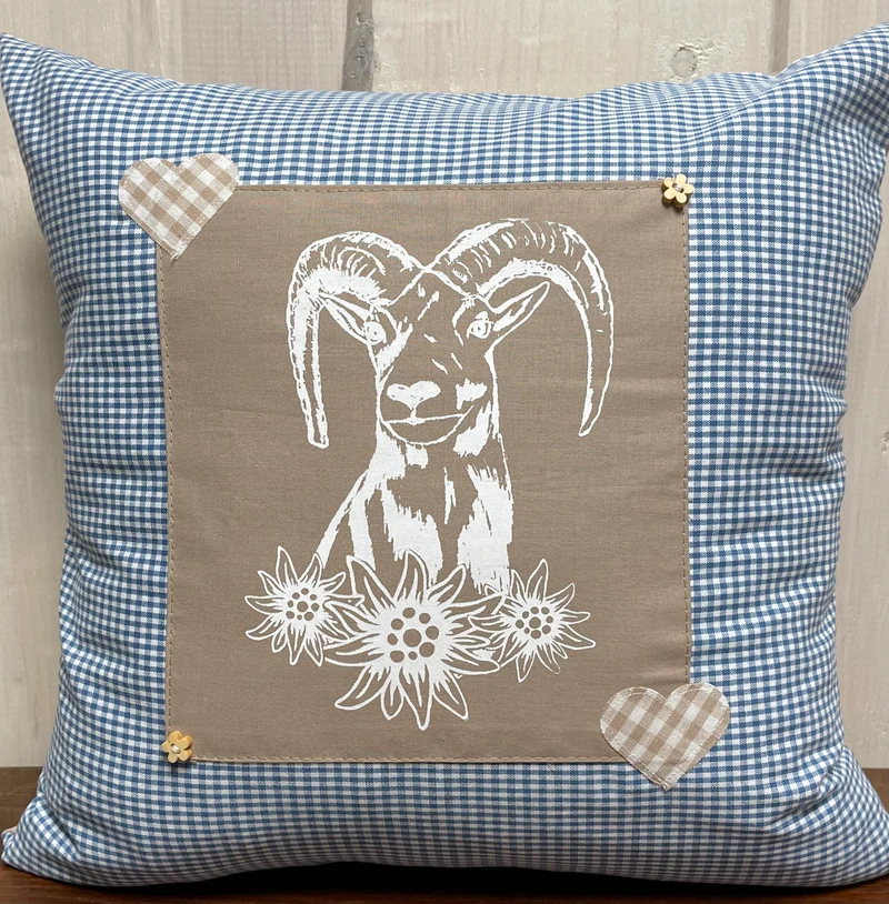 Landhausstil Kissenhülle, Kissenbezug, blau /beige kariertes Dekokissen * Jäger Mufflon *