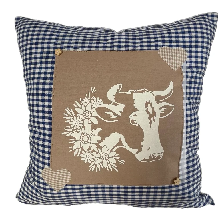 Landhausstil Kissenhülle * Kissenbezug * blau/weiß kariertes Dekokissen * Kuh *