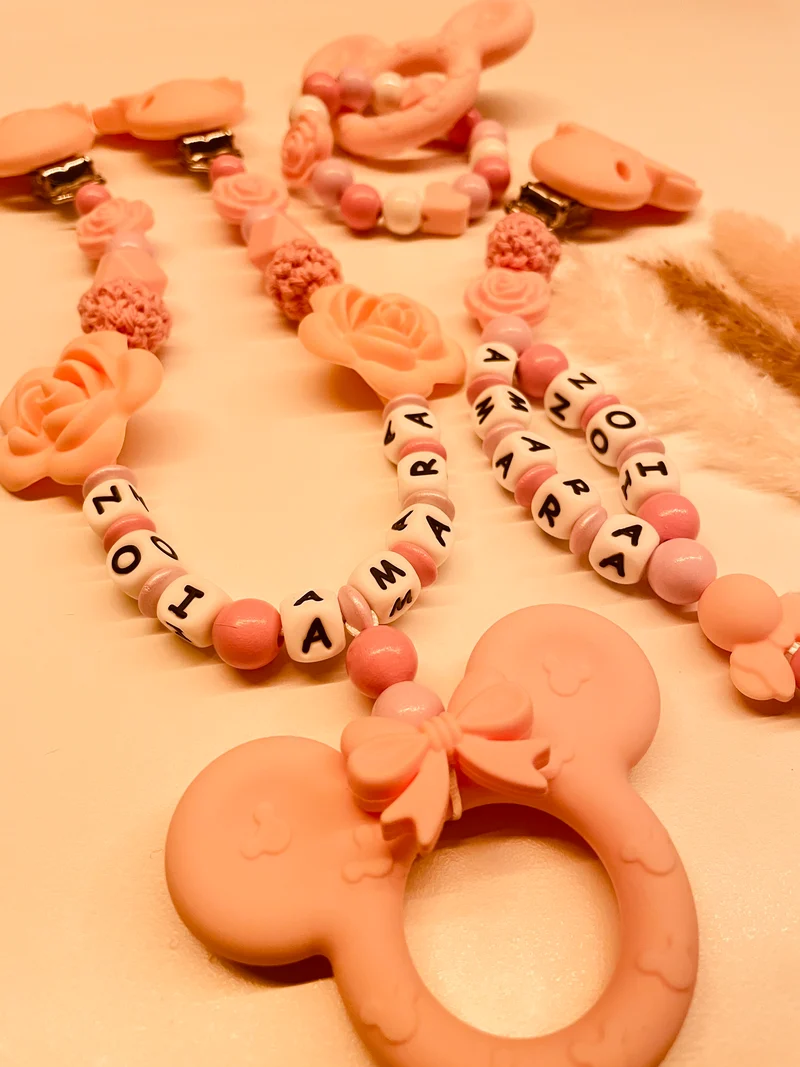 Schnullerkette, Kinderwagenkette, Greifring personalisiert Maus rosa