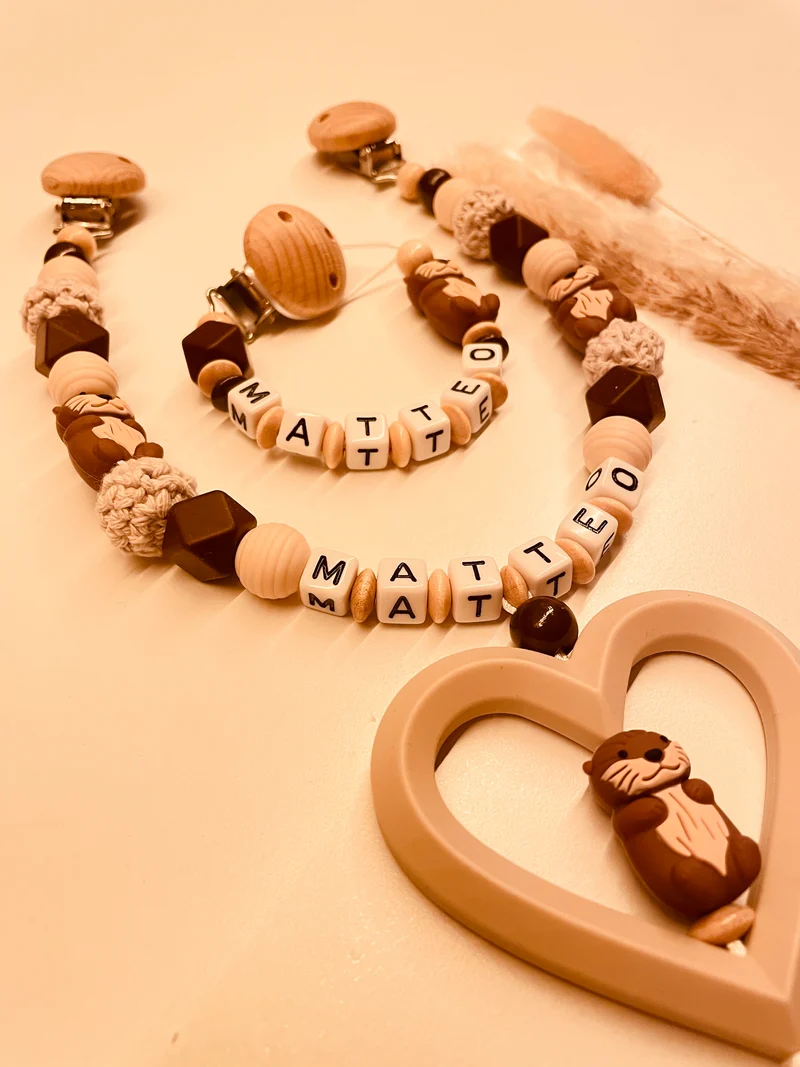 Schnullerkette, Kinderwagenkette personalisiert Otter beige braun