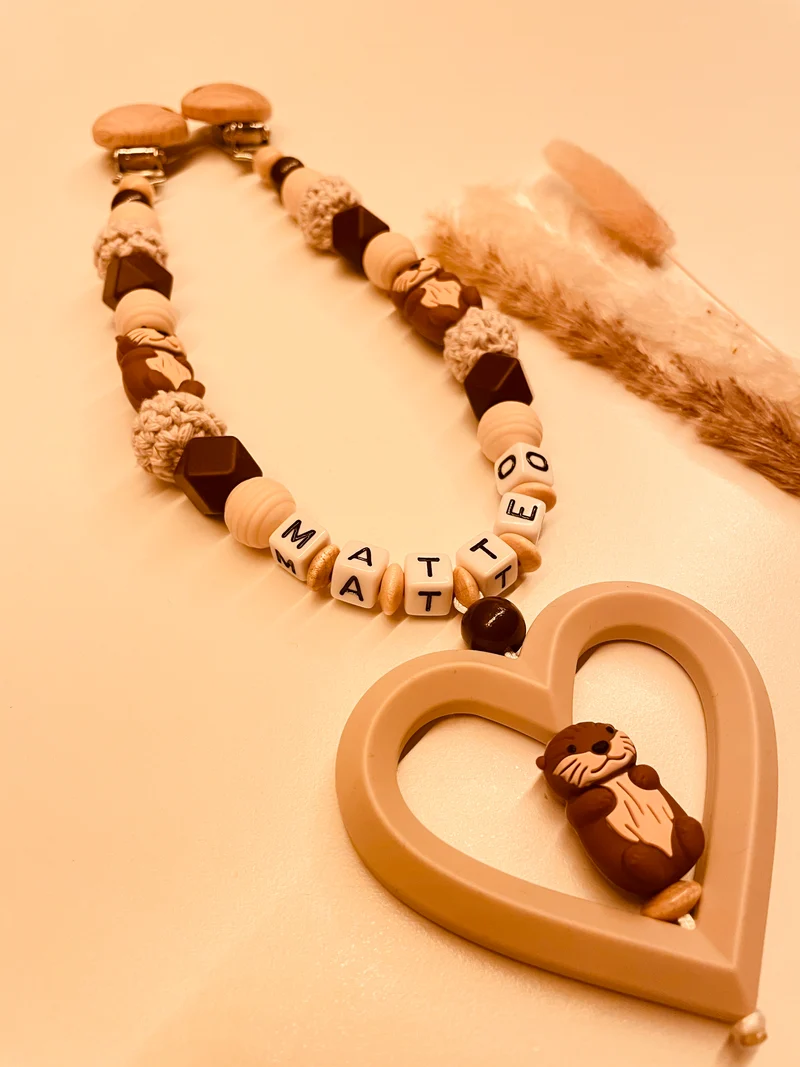 Schnullerkette, Kinderwagenkette personalisiert Otter beige braun