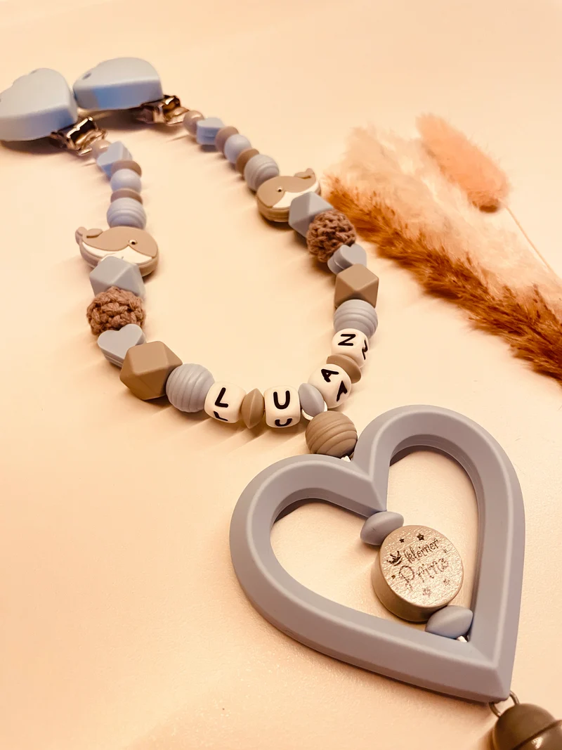 Schnullerkette, Kinderwagenkette personalisiert Wal blau grau