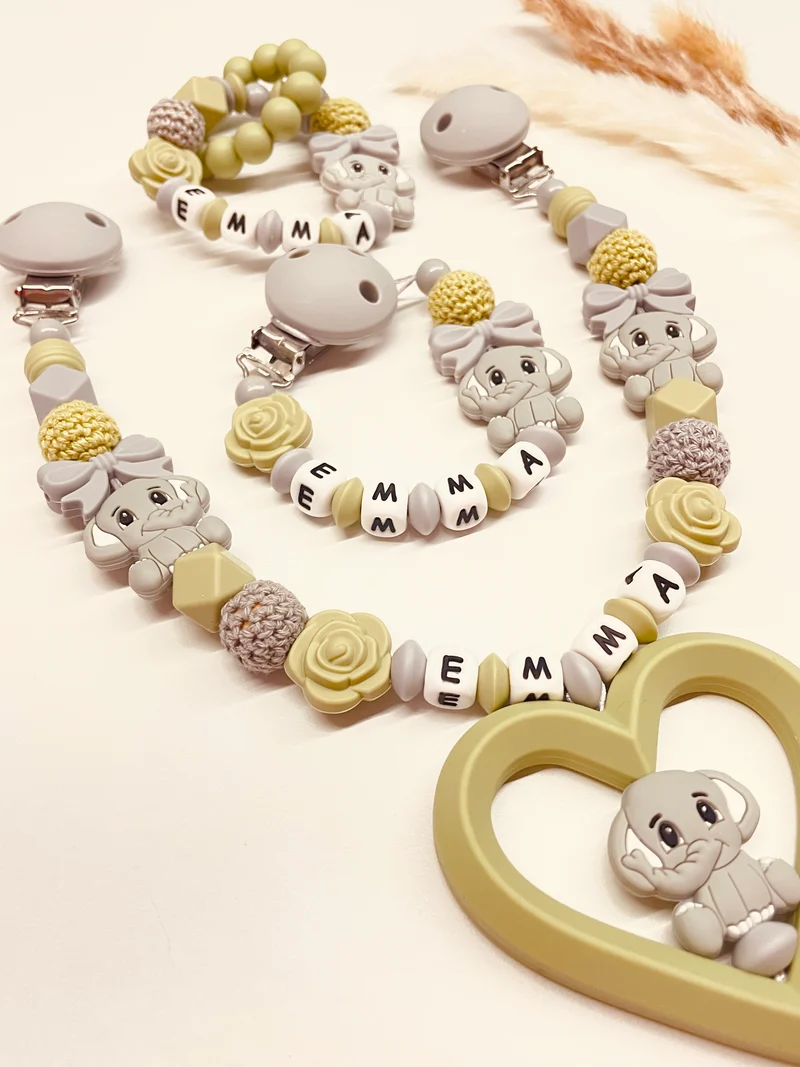 Schnullerkette, Kinderwagenkette, Greifring personalisiert Elefant lint grau
