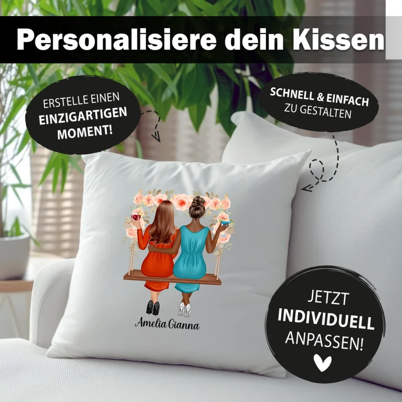 Personalisiertes BFF Kissen - Beste Freundinnen, Schwestern auf Schaukel