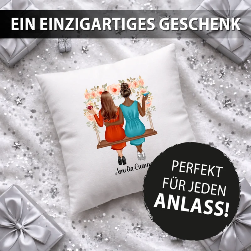 Personalisiertes BFF Kissen - Beste Freundinnen, Schwestern auf Schaukel