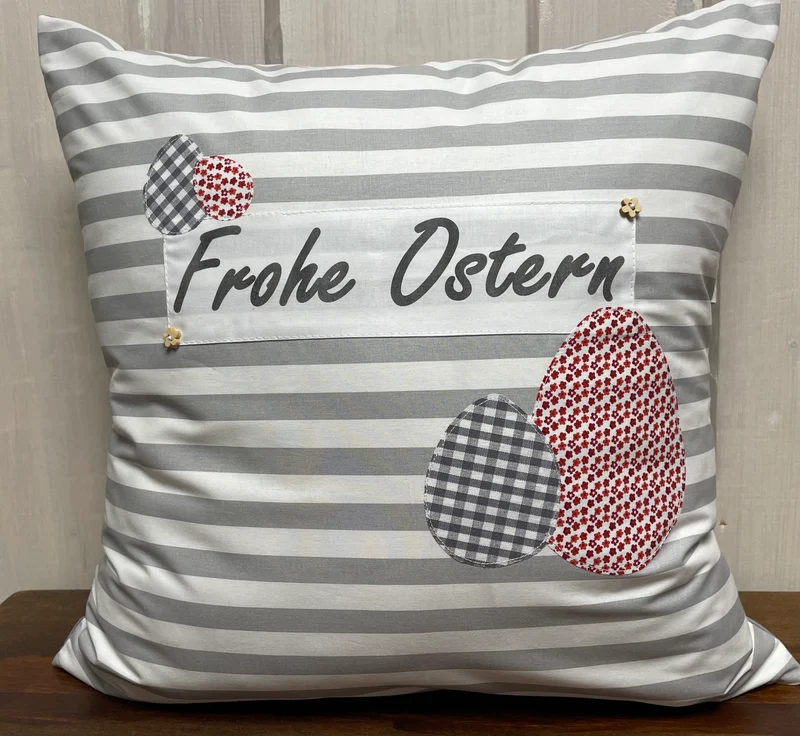 1 Landhausstill Kissenhülle, Kissenbezug, Osterkissen,Ostern grau/weiß/rot