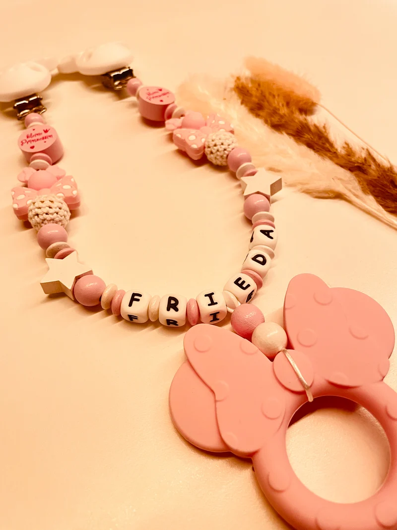 Schnullerkette, Kinderwagenkette und Greifring Maus mit Schleife kleine Prinzessin rosa weiß