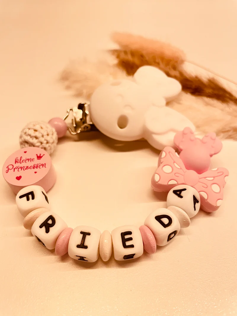 Schnullerkette, Kinderwagenkette und Greifring Maus mit Schleife kleine Prinzessin rosa weiß