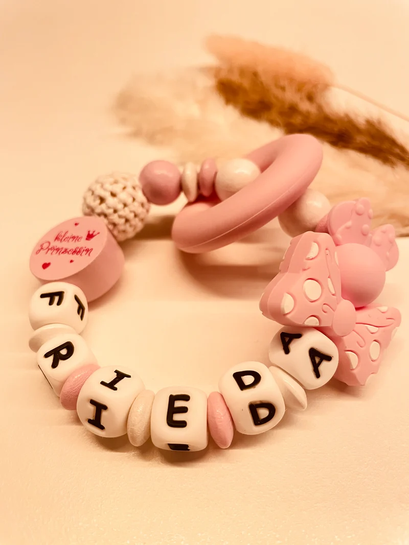 Schnullerkette, Kinderwagenkette und Greifring Maus mit Schleife kleine Prinzessin rosa weiß