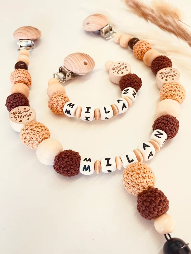 Schnullerkette und Kinderwagenkette kleiner Prinz braun natur