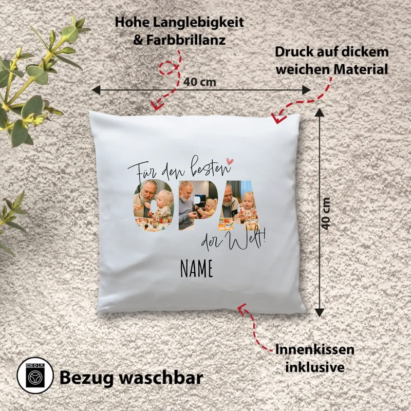 Personalisiertes Foto-Kissen - Für den besten OPA der Welt + Name - Geschenk für Großeltern