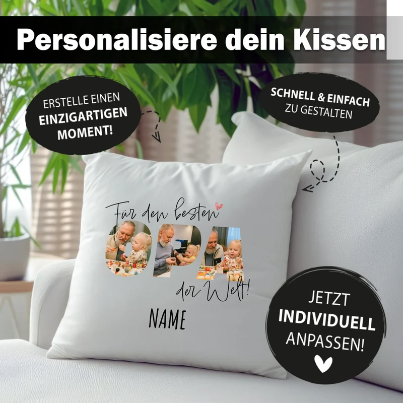 Personalisiertes Foto-Kissen - Für den besten OPA der Welt + Name - Geschenk für Großeltern
