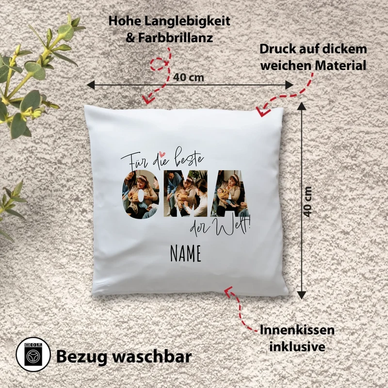 Personalisiertes Foto-Kissen - Für die beste OMA der Welt + Name - Geschenk für Großeltern