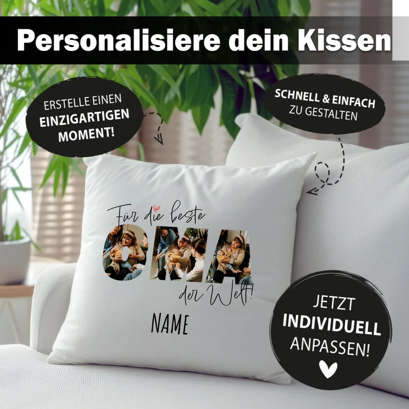 Personalisiertes Foto-Kissen - Für die beste OMA der Welt + Name - Geschenk für Großeltern