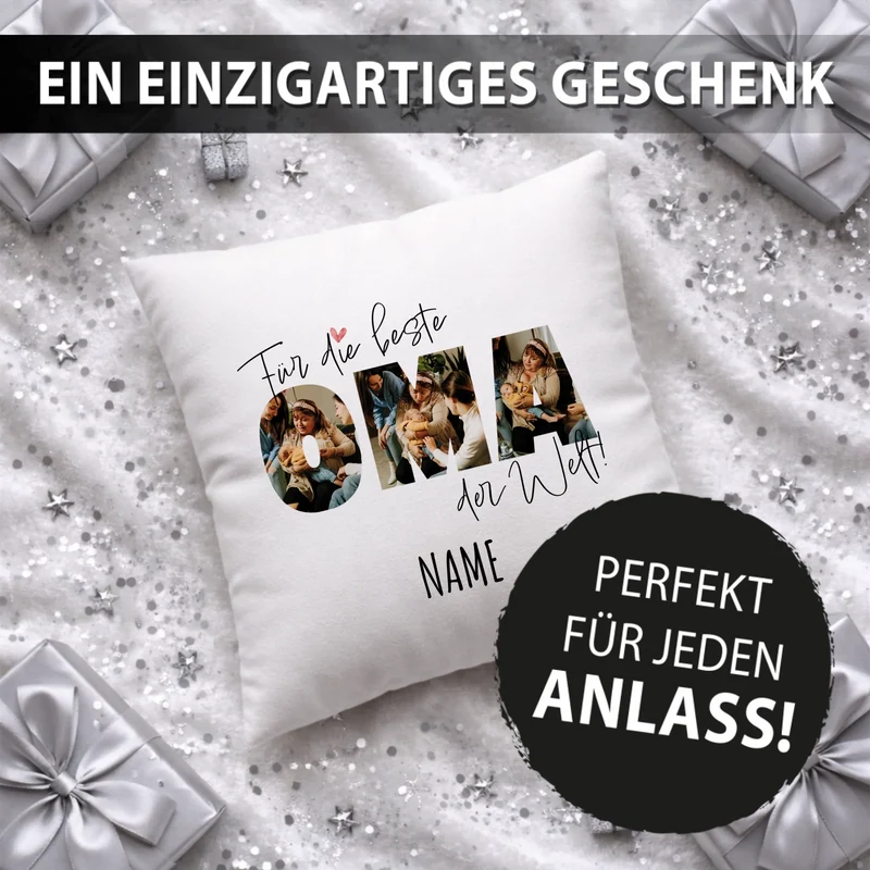 Personalisiertes Foto-Kissen - Für die beste OMA der Welt + Name - Geschenk für Großeltern