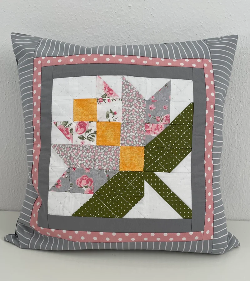 Patchwork Kissenhülle, Landhausstil Kissenbezug, grau/rosa/grün 40x40cm