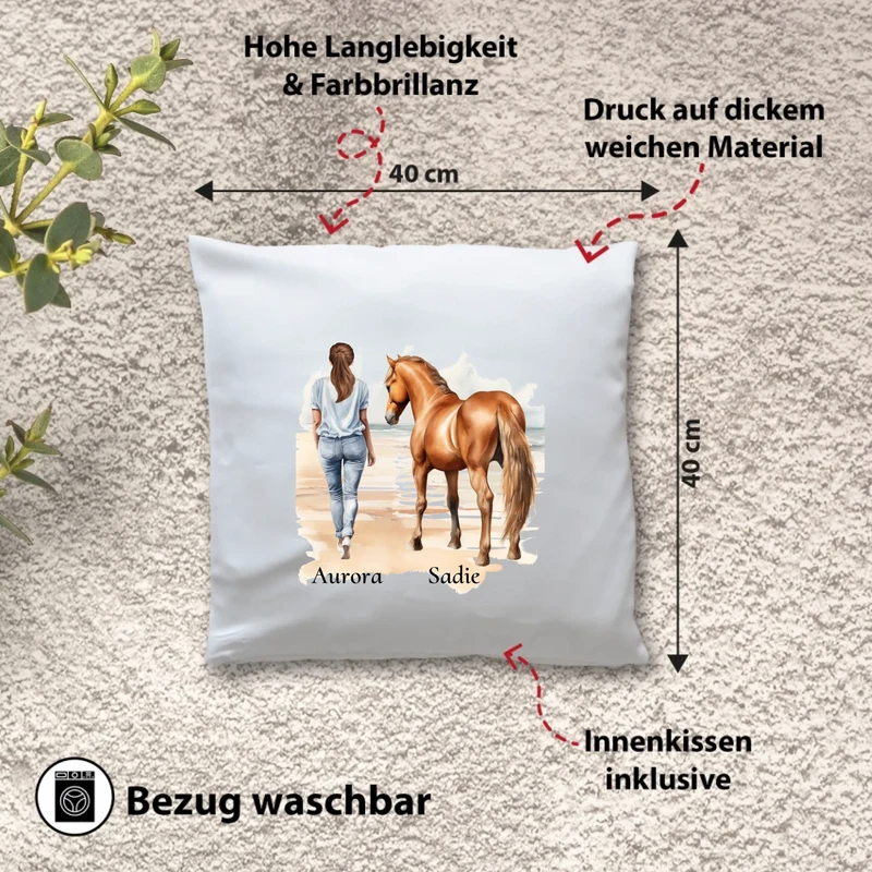 Frau mit Pferd & Namen - Kissen personalisiert