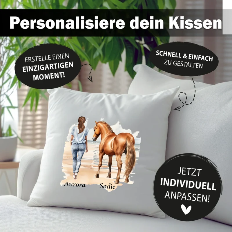 Frau mit Pferd & Namen - Kissen personalisiert