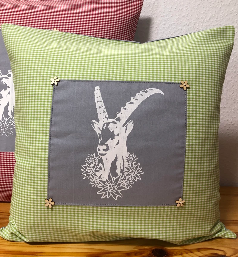 Landhausstil Kissenhülle * Kissenbezug * grün/weiß kariertes Dekokissen * Steinbock *