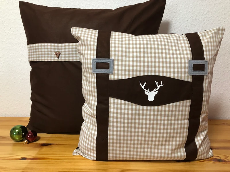 1x Landhausstil Kissenhülle * Kissenbezug * Hosenträger Dekokissen * braun/beige kariert