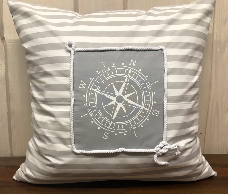 Maritime Kissenhülle, Landhausstil Kissenbezug * Kompass * grau/weiß