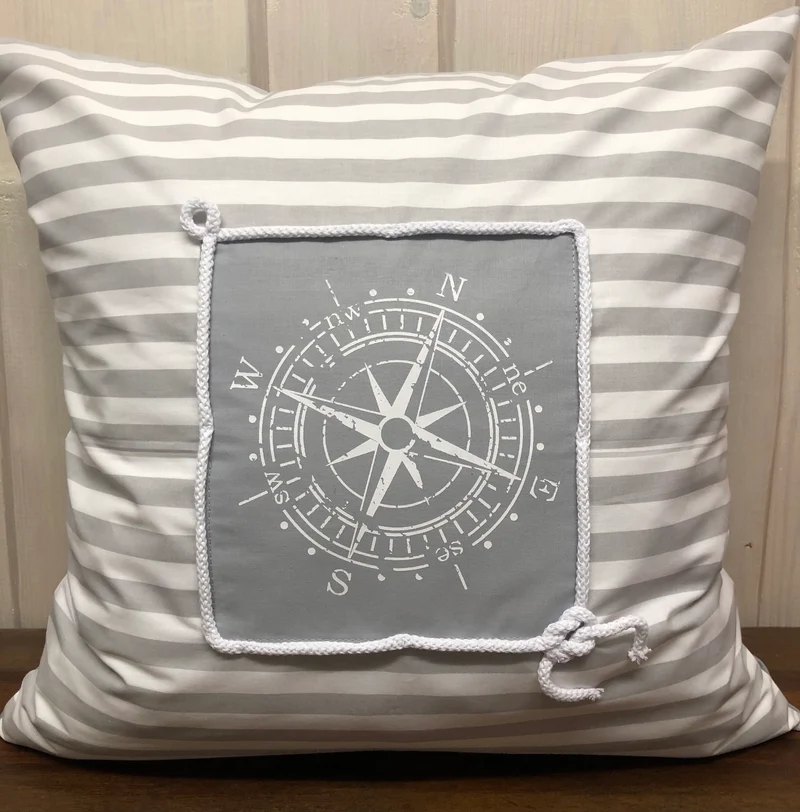 Maritime Kissenhülle, Landhausstil Kissenbezug * Kompass * grau/weiß