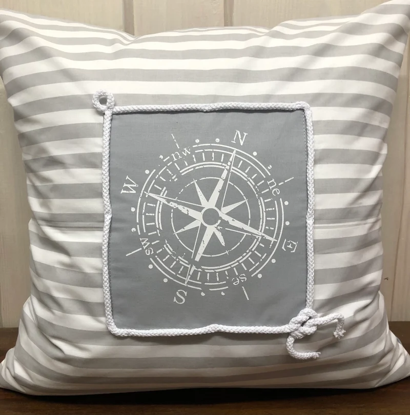 Maritime Kissenhülle, Landhausstil Kissenbezug * Kompass * grau/weiß