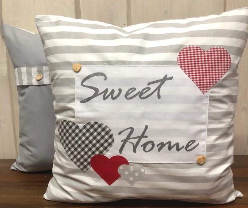 Landhausstil Kissenhülle * Kissenbezug * Dekokissen * Sweet Home * grau/weiß mit roten Herzen