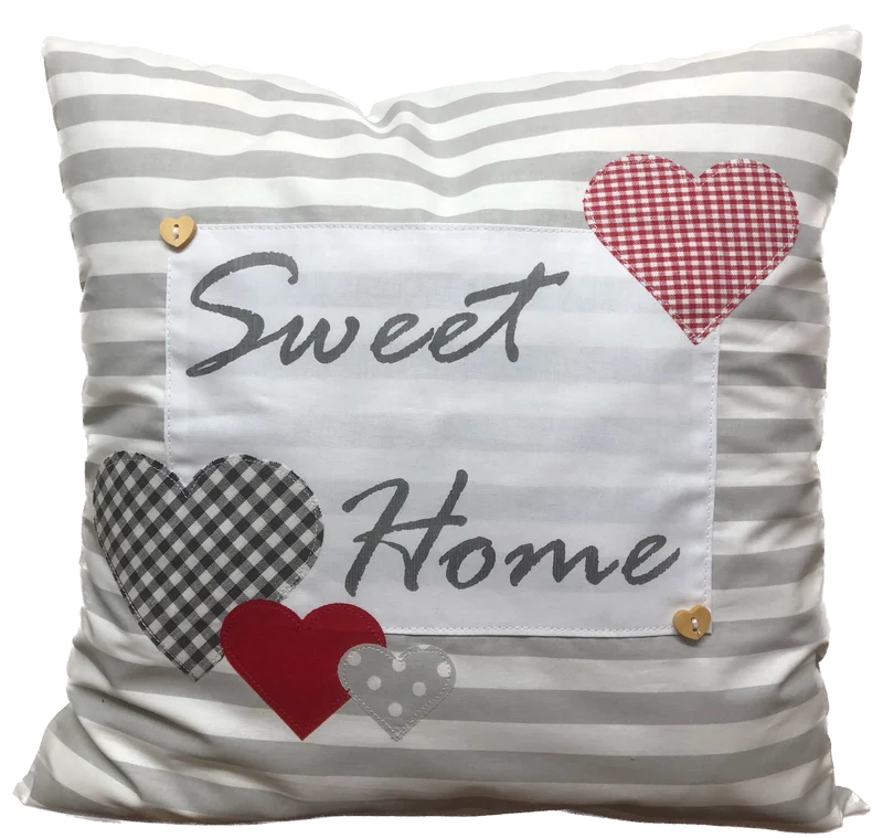 Landhausstil Kissenhülle * Kissenbezug * Dekokissen * Sweet Home * grau/weiß mit roten Herzen
