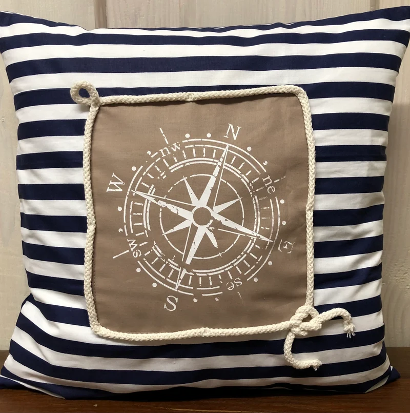 Maritime Kissenhülle, Landhausstil Kissenbezug * Kompass * blau/weiß/beige